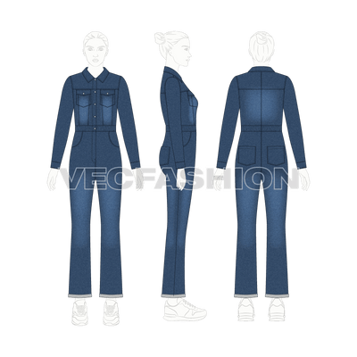 Women Denim Boiler Suit Flat Sketch