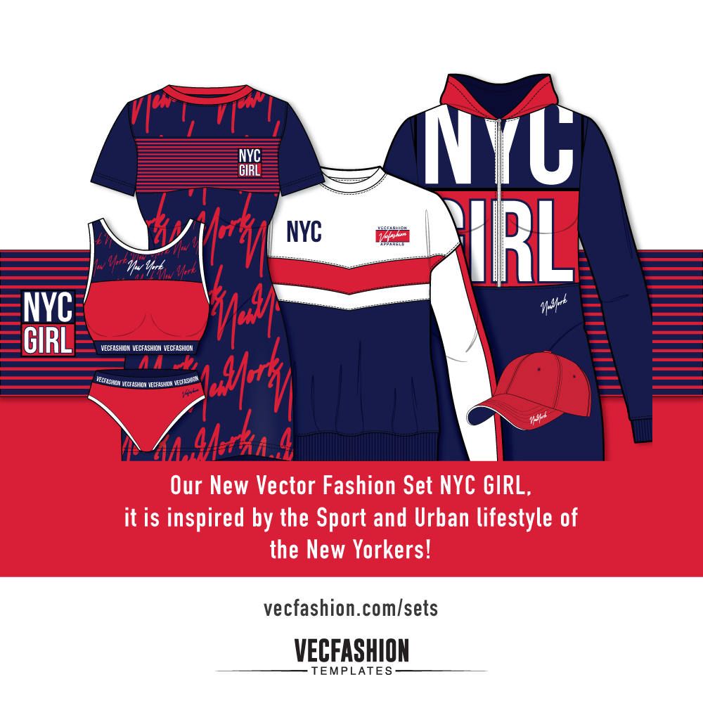 New York Girl Fashion Set vector hoodie, vector jumper, vector sweatshirt, vector hat, sports bra