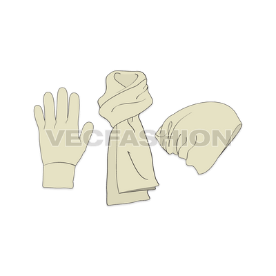 A clean Vector Template Set of Winter Essential Products in cream color. This Fashion Template Set have a Hand Gloves, A Scarf and a Beanie.
