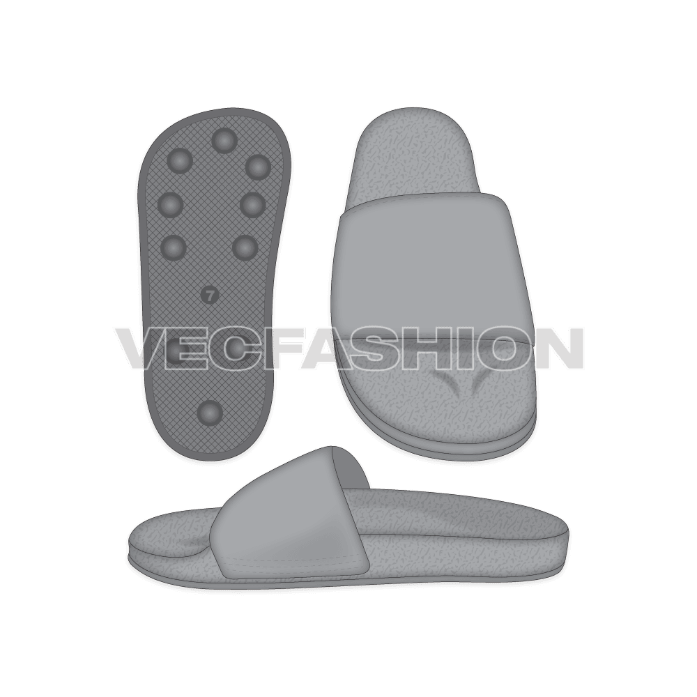A set of Basic Casual Slippers Vector Template, it comes in 3 colourways which are Red, Gray and Black. yet easy to edit. These CADs are showing 3 views which are Top View, Side View and Bottom View.