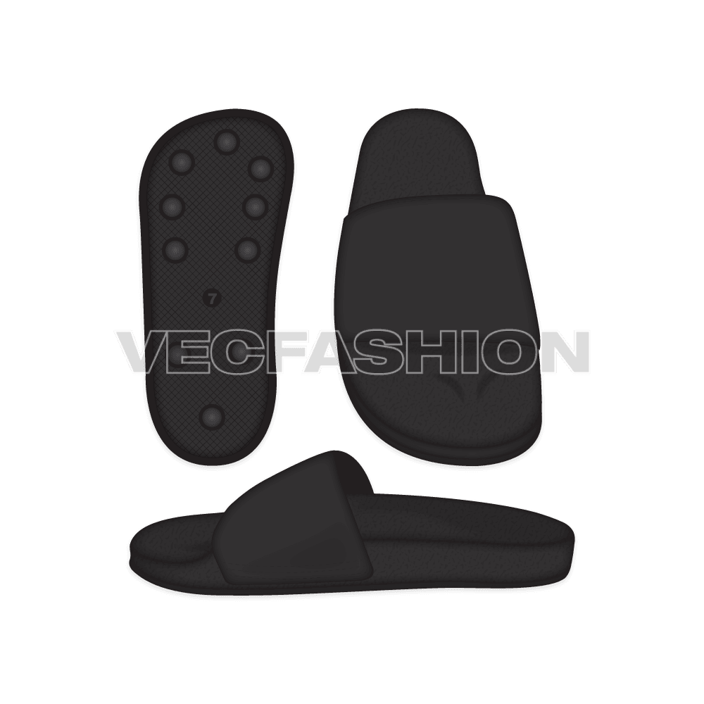 A set of Basic Casual Slippers Vector Template, it comes in 3 colourways which are Red, Gray and Black. yet easy to edit. These CADs are showing 3 views which are Top View, Side View and Bottom View.
