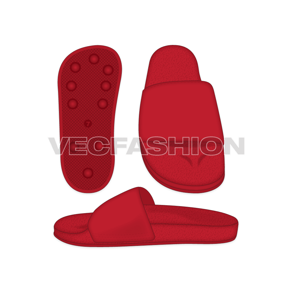 A set of Basic Casual Slippers Vector Template, it comes in 3 colourways which are Red, Gray and Black. yet easy to edit. These CADs are showing 3 views which are Top View, Side View and Bottom View.
