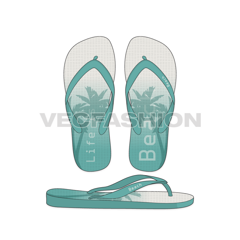 A new template for Beach Inspired Flip Flops in aqua colors. This is a simple but very important vector graphic that is a need for almost every clothing or footwear brand. It has  Top View and Side View.