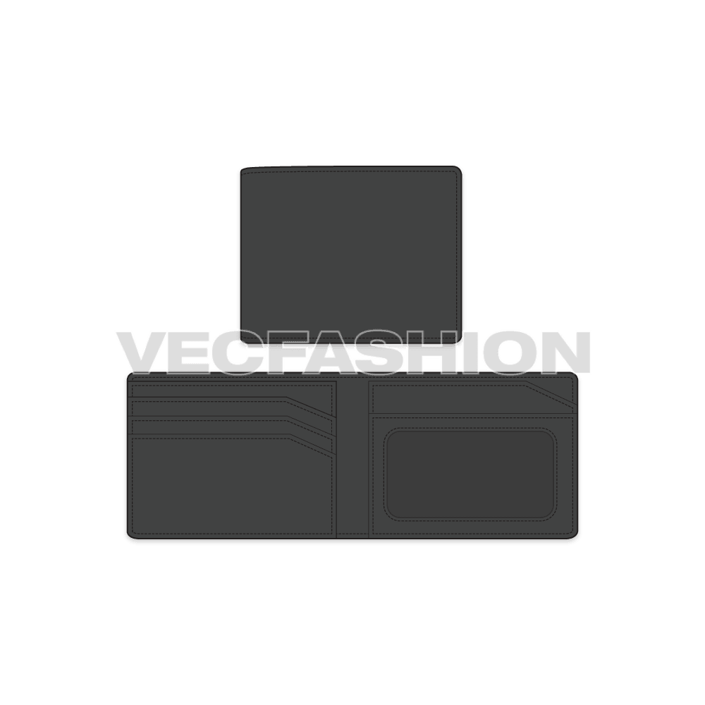 A fully editable fashion cad for Leather Wallet in black. It is illustrated with outside view when folded and inside view showing card slots and id card holder. 