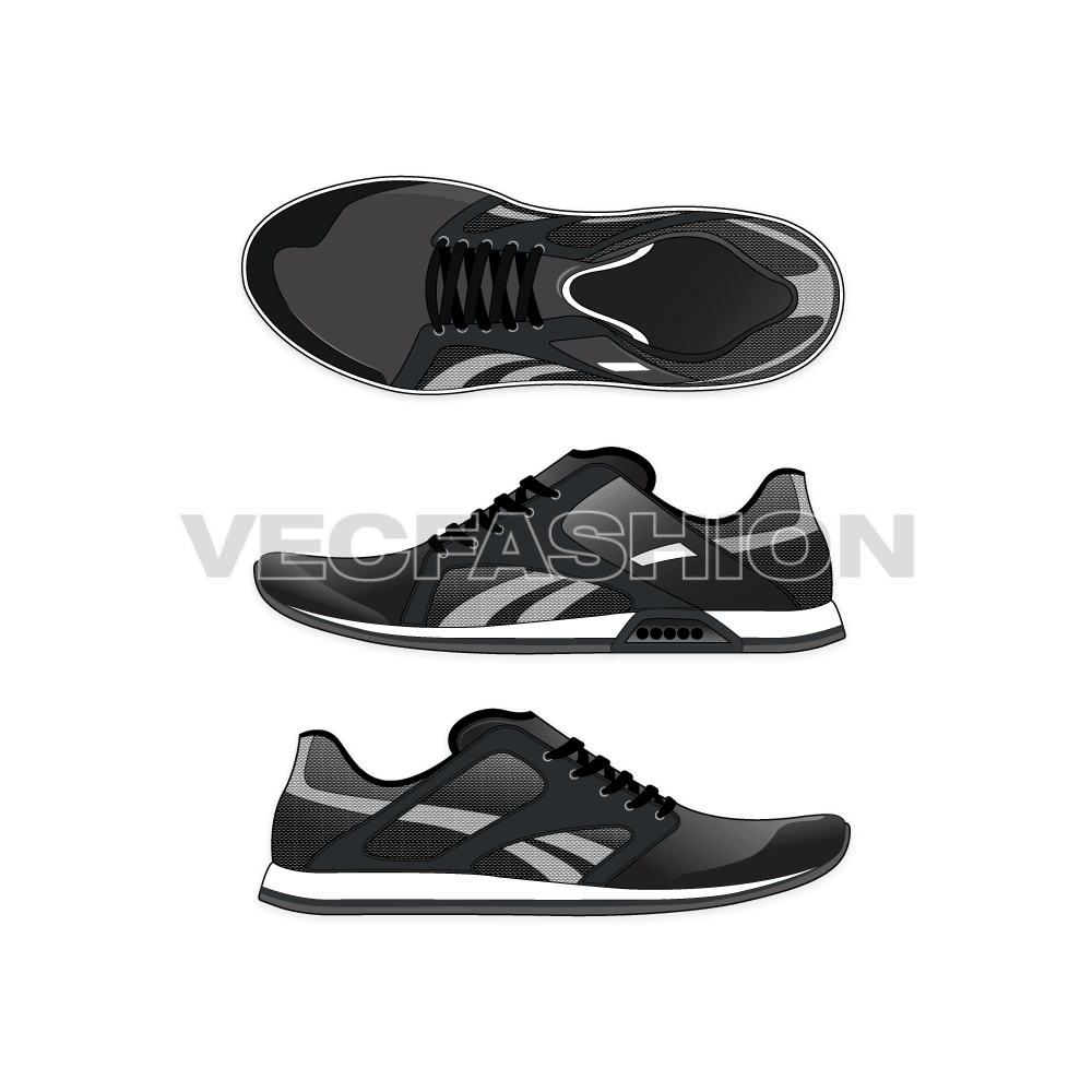 A detailed illustration of Sport Sneakers in Black color. It is illustrated with multiple views like Top View, Outside view and Inside View with other design details on it.