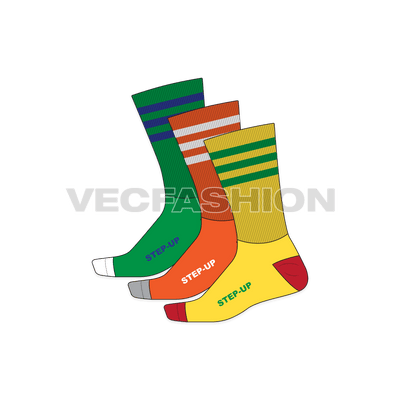 An illustrator fashion cad for Calf Length Socks. It is colored in three sporty combinations and it have stripes and text for branding on it.