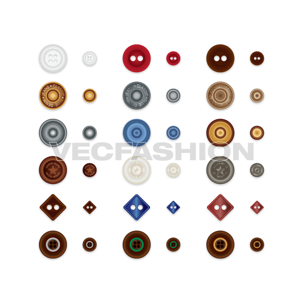 A of cool vector buttons can be used for multi purpose. These buttons and rivets are commonly used on Shirts, Coat, Jackets, Denim Jeans and Denim Jackets.