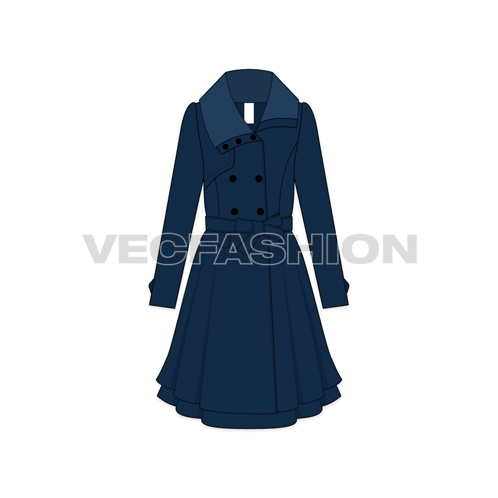 A vector illustrator template for Classy Double Breasted Coat. It has an oversized stylized collar with button placket to fasten. A great choice or heavy winter collections especially snowy season.