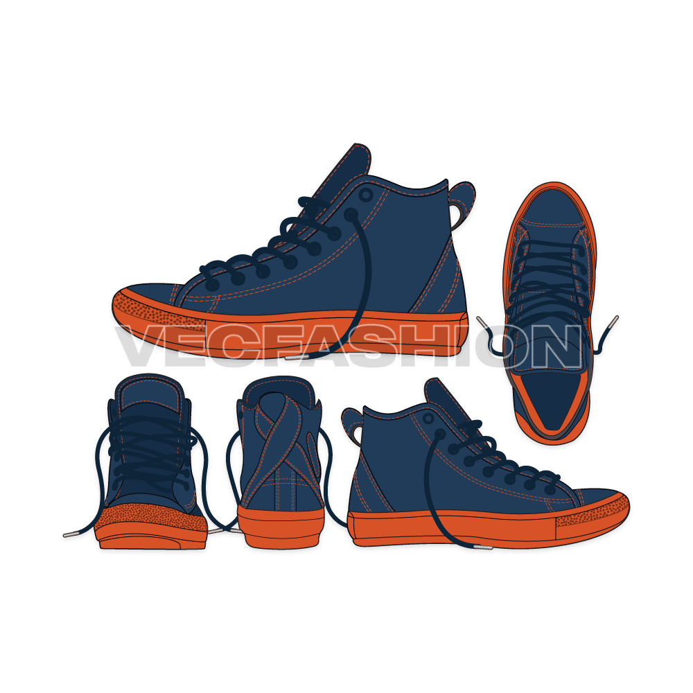 A detailed illustration of Cotton Canvas Hi Top Sneakers. It is illustrated with multiple views like Top View, Outside view, Inside View, Front view and Back view with design details on it.