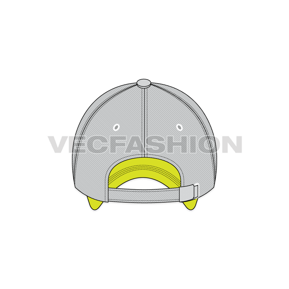 A fully editable illustrator cad of Cotton Twill Baseball Cap. It is rendered in light gray with contrast lime green inside finishing, giving a sporty look.