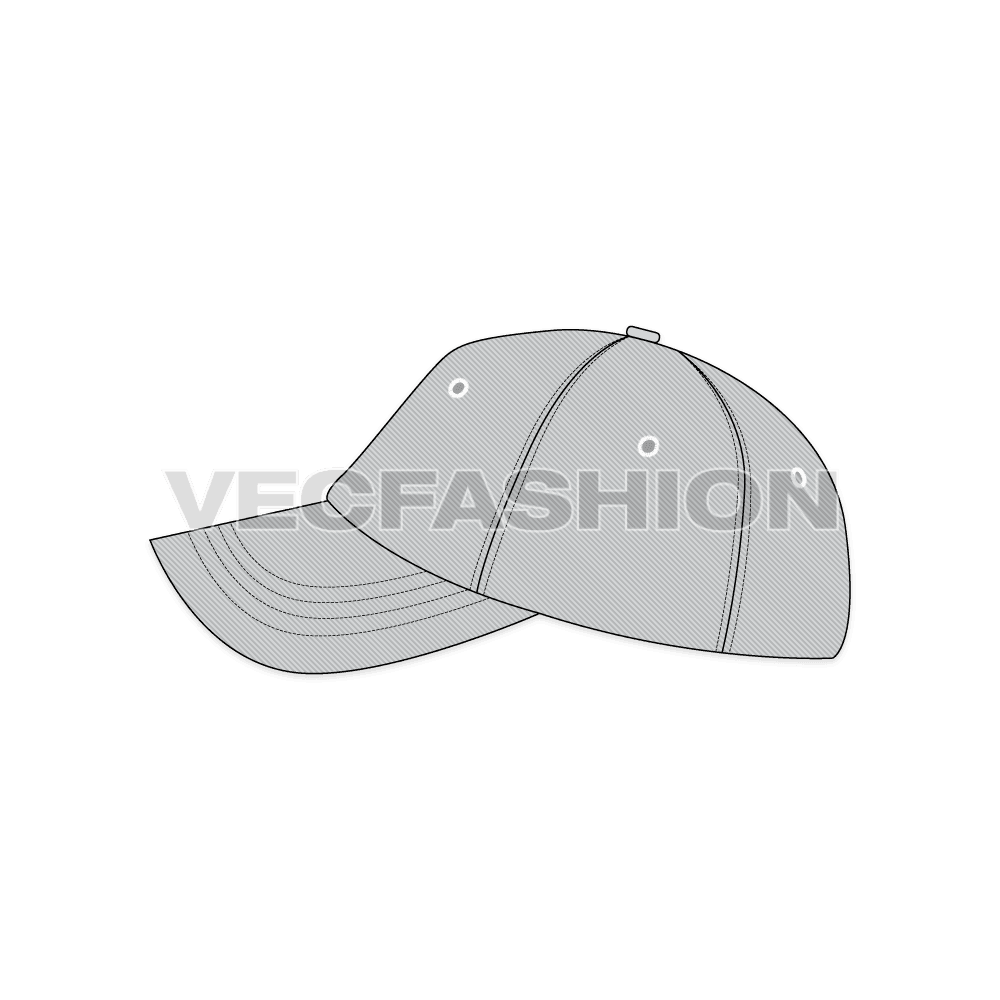 A fully editable illustrator cad of Cotton Twill Baseball Cap. It is rendered in light gray with contrast lime green inside finishing, giving a sporty look.