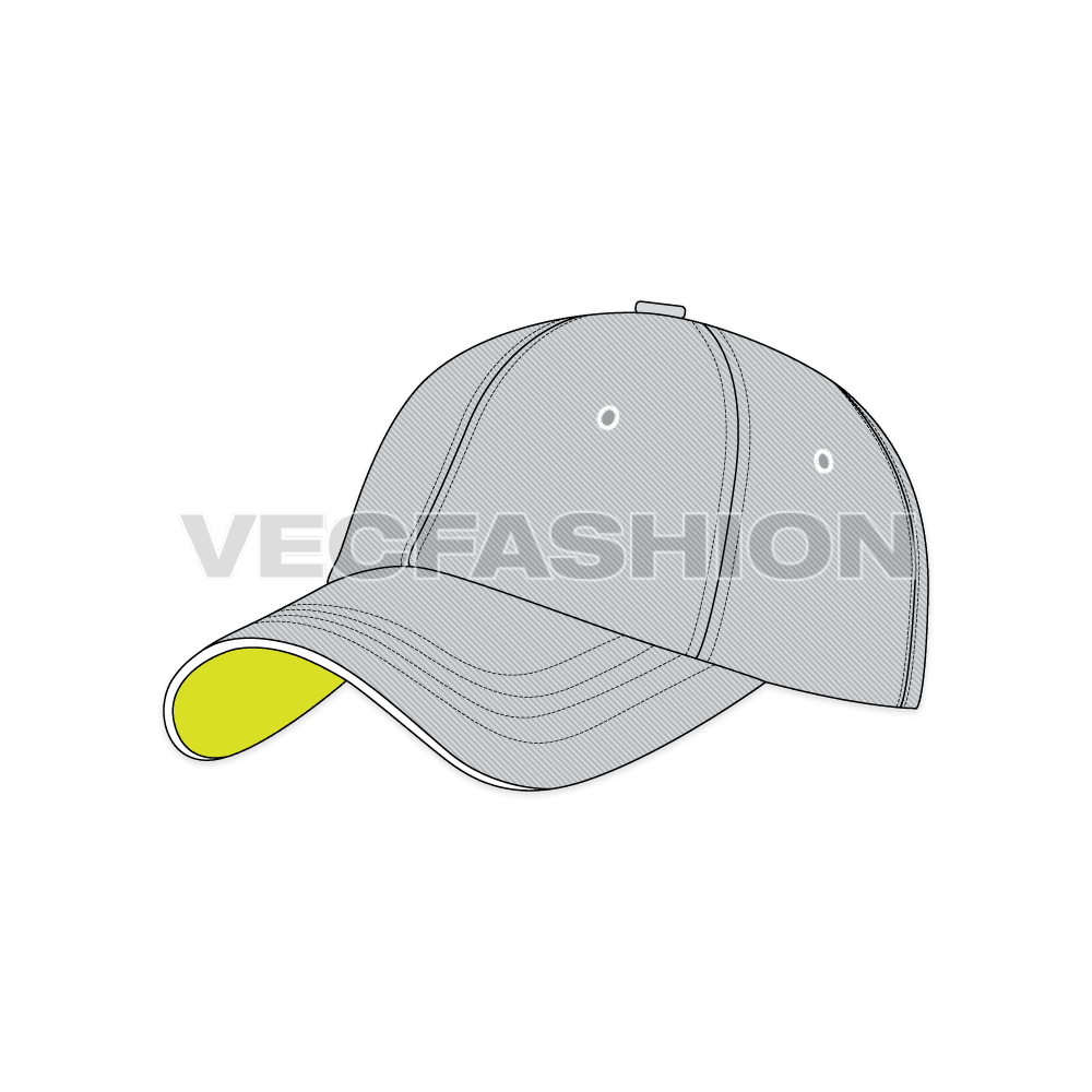 A fully editable illustrator cad of Cotton Twill Baseball Cap. It is rendered in light gray with contrast lime green inside finishing, giving a sporty look.