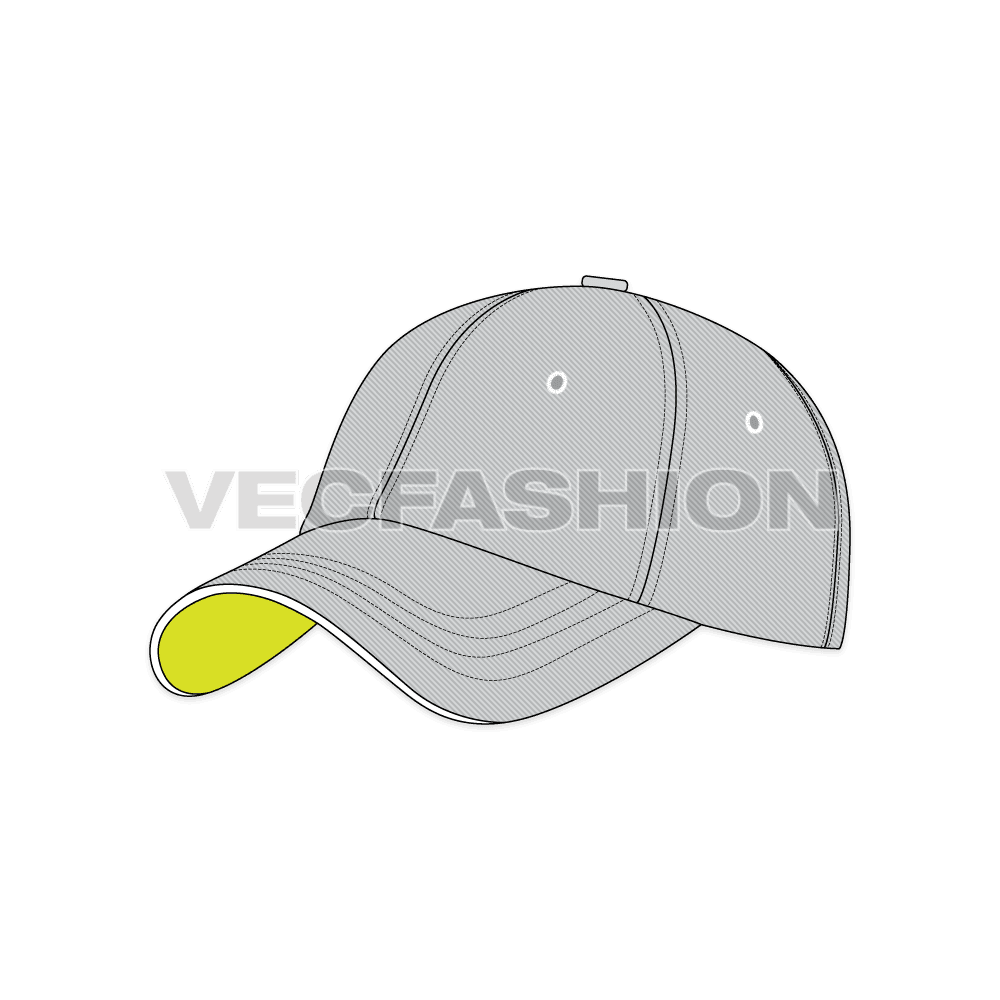 A fully editable illustrator cad of Cotton Twill Baseball Cap. It is rendered in light gray with contrast lime green inside finishing, giving a sporty look. 