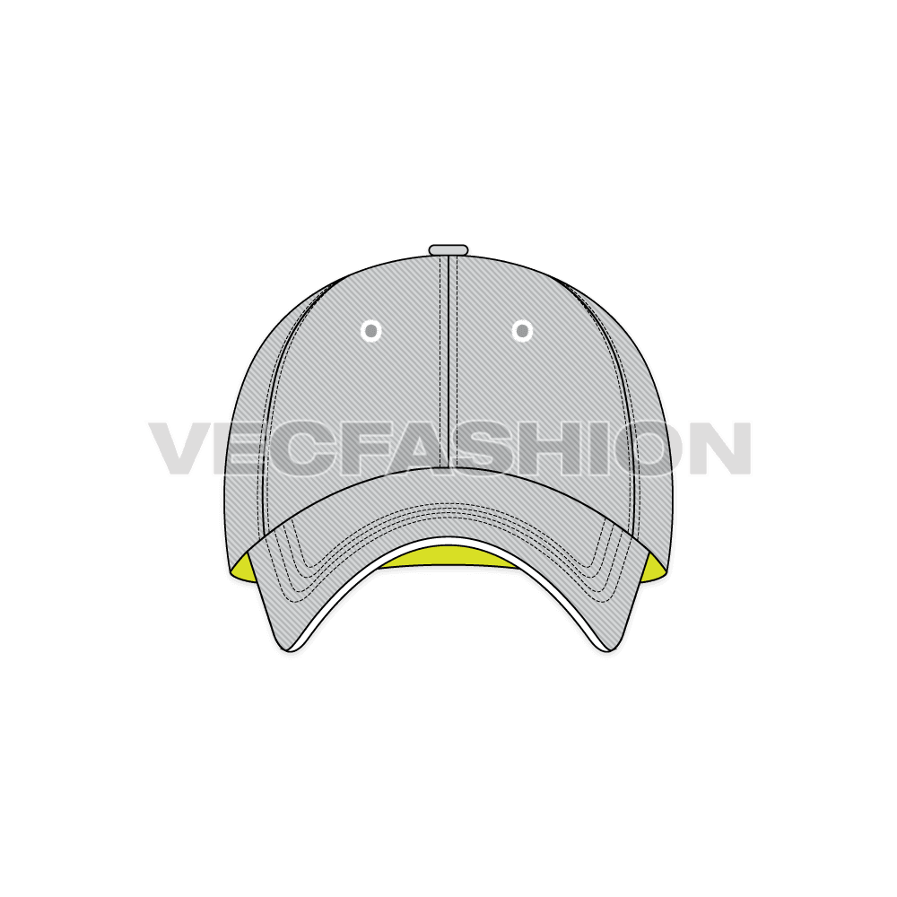 A fully editable illustrator cad of Cotton Twill Baseball Cap. It is rendered in light gray with contrast lime green inside finishing, giving a sporty look.