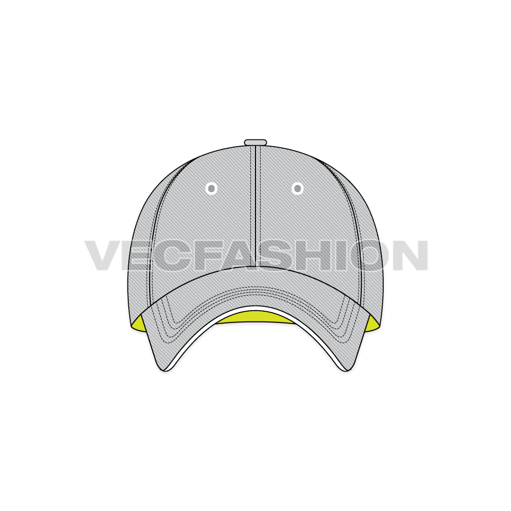 A fully editable illustrator cad of Cotton Twill Baseball Cap. It is rendered in light gray with contrast lime green inside finishing, giving a sporty look. 