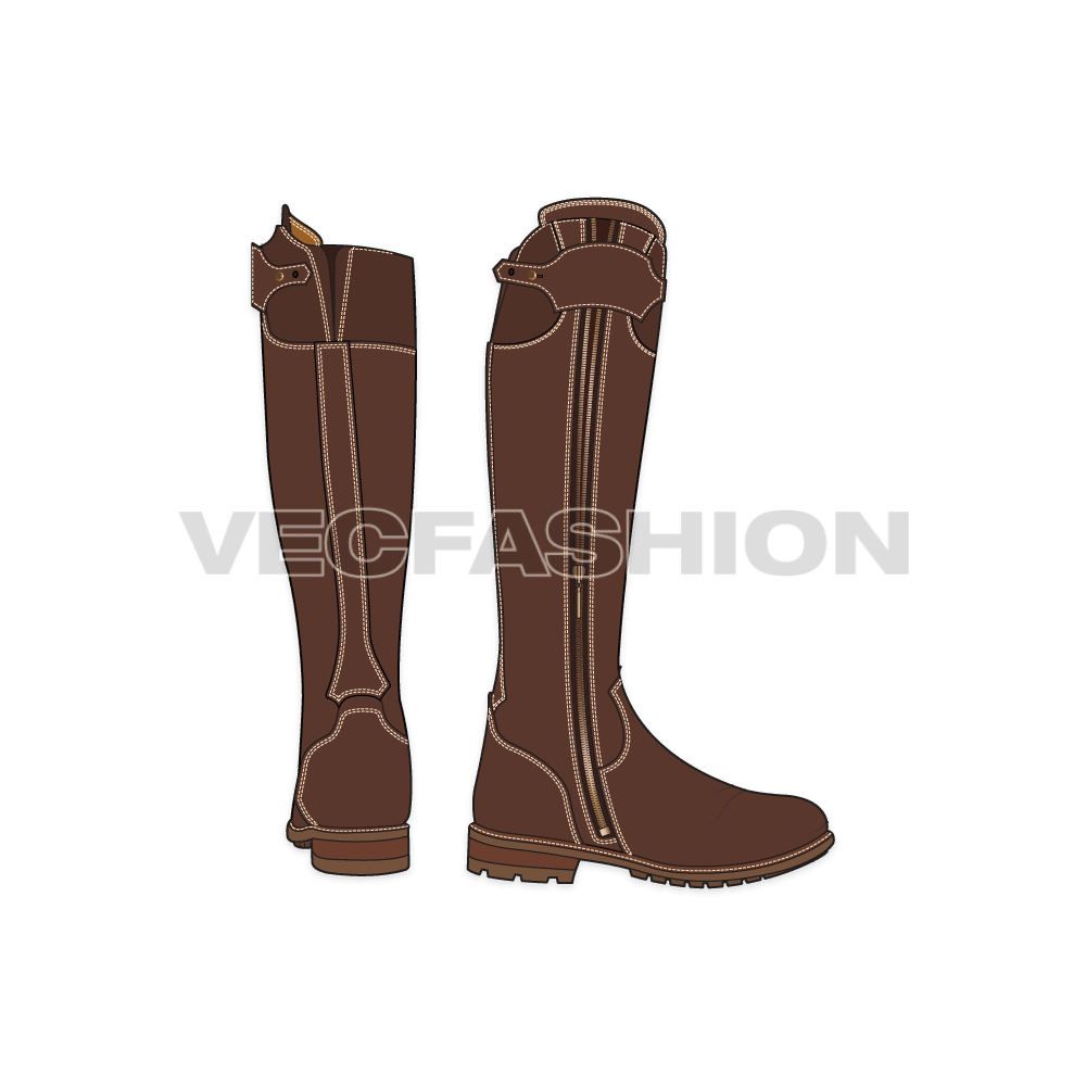 An illustrator fashion cad for Cowboy Style Long Boots. It is illustrated with two views and is showing detailed panels and stitching details.