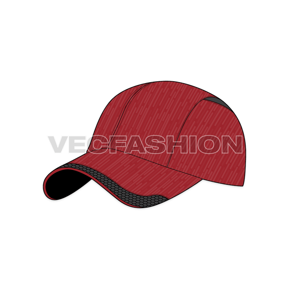 A fully editable illustrator cad sketch of Dri Fit Sport Baseball Cap. It is sketched in 4 views showing front, back, side and 3/4 view. 