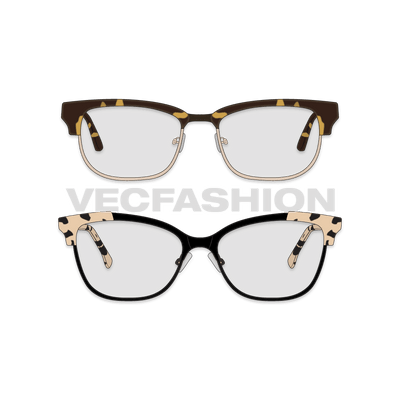 A vector template of Elegant Eye Glasses. It has two designs in one can be used as general powered glasses or as sun glasses as well with dark shades.