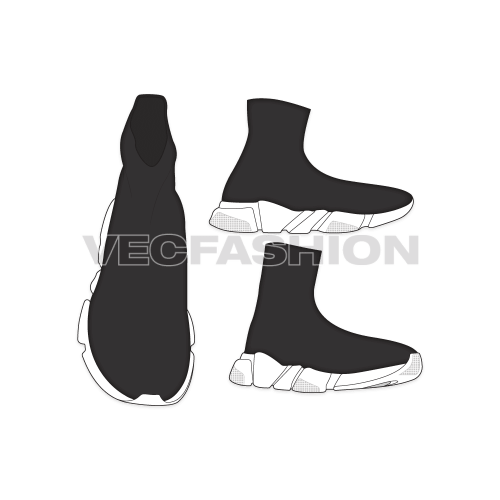 An illustrator fashion cad for Fabric Top Speed Sneakers. The top is made with elasticated special fabric and there is thick rubber sole with angular edges.
