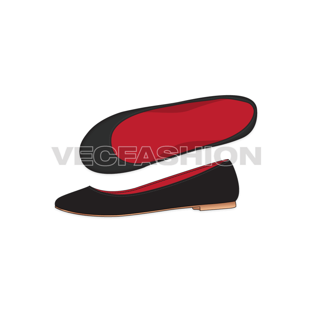A new template of Fashion Ballet Flats, it is black from outside and red from inside, with a wooden sole. Fully editable vector fashion flats created in Adobe Illustrator CS6.