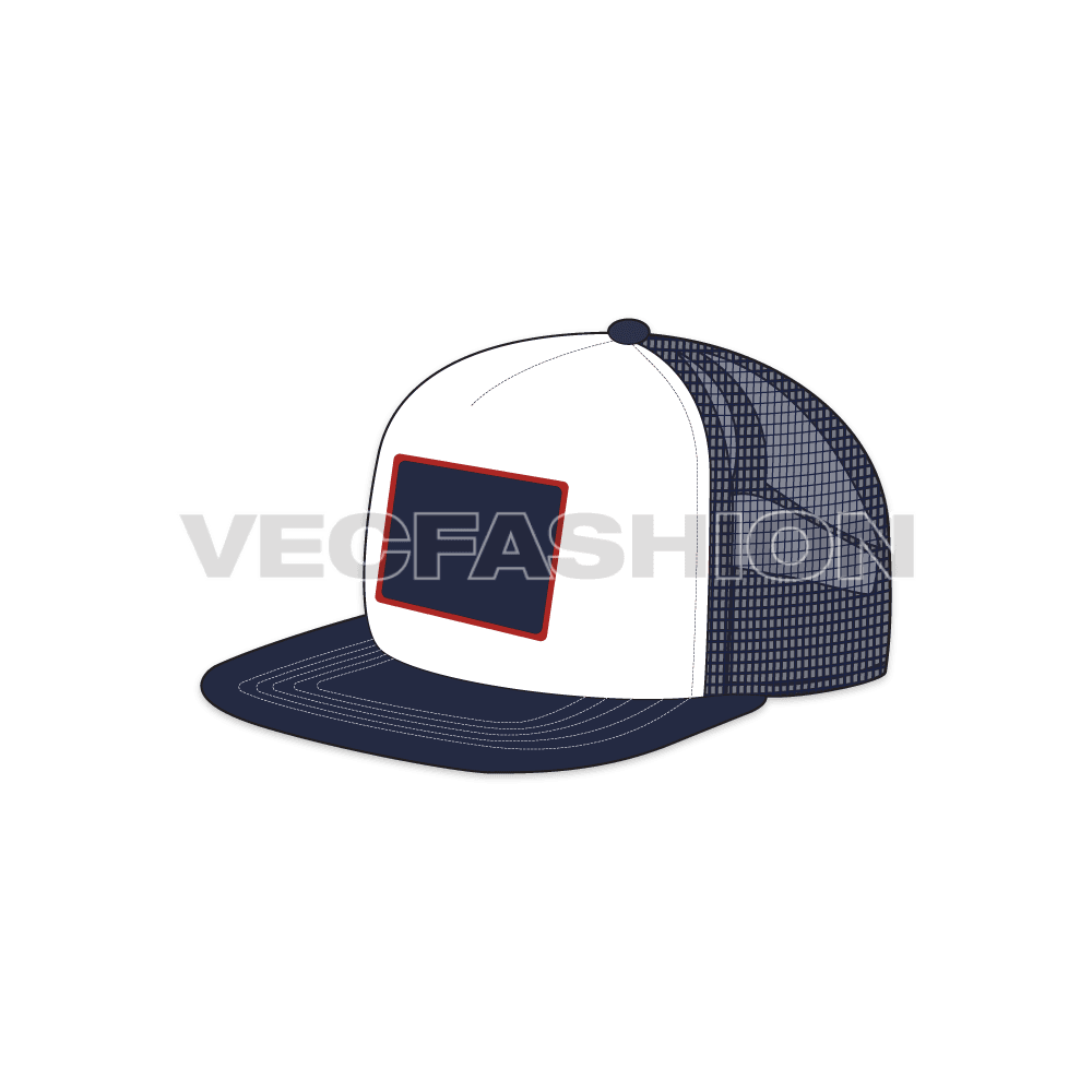 A fully editable Flat Brim Trucker Hat. It is created in adobe illustrator with detailing like flat brim, leather label on front and mesh at the back.