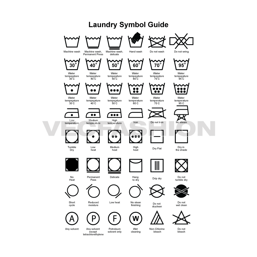 A very useful collection of Laundry Symbols. It has almost all the symbols you need for wash and care labels.  