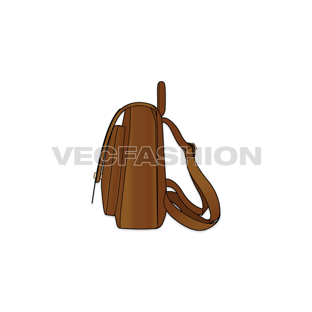 A fully editable fashion cad for Leather Backpack in brown color. It is illustrated with front and side view and have metal details on it. 
