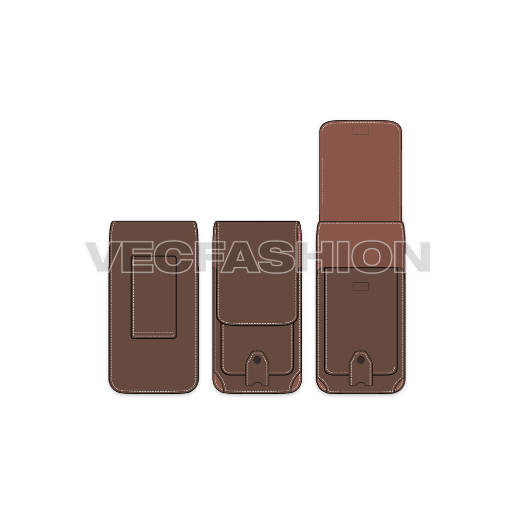 A fully editable fashion cad for Leather Mobile Holder. It is illustrated with multiple view such as front, back and front with open lid. 