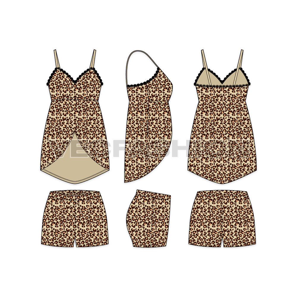 A vector template sketch for Women's Leopard Textured Loungewear. It has a curved hem like arches with extended back. There is leopard all over print on complete set. The shorts have elasticated waistband with contrast edging.