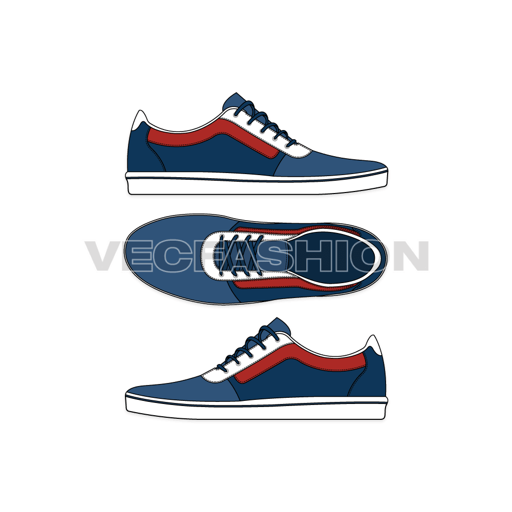 An illustrator fashion cad for Low Top Canvas Sneakers. It is illustrated with three views and is showing detailed panels and stitching details.