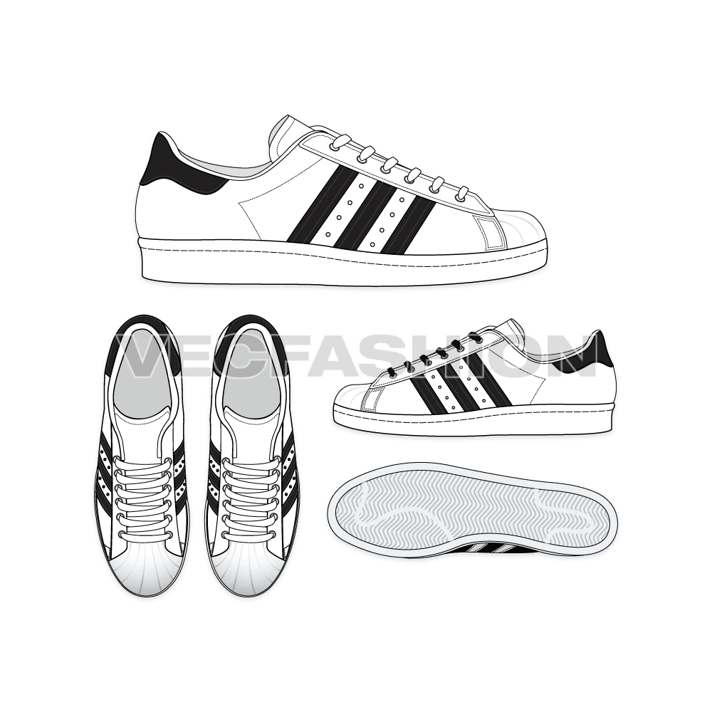 An illustrator fashion cad for Low Top Sneakers Adidas Superstar. One of the best seller and trend maker sneaker from Adidas. It is illustrated with multiple views and have all details added on it.