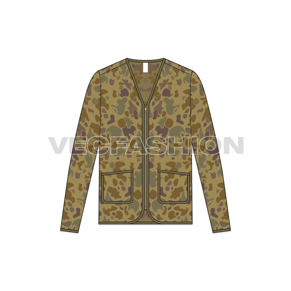 mens vector sketch for Camo Cardigan, camo, camouflage, jumper, pullover showing front view