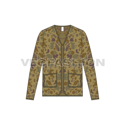 mens vector sketch for Camo Cardigan, camo, camouflage, jumper, pullover showing front view