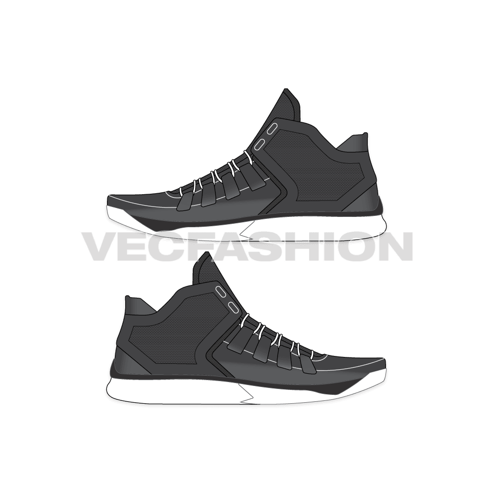 An illustrator fashion cad for Mens Running Sneakers. It has mesh panels on it and have many intricate design details using different tones of gray. 