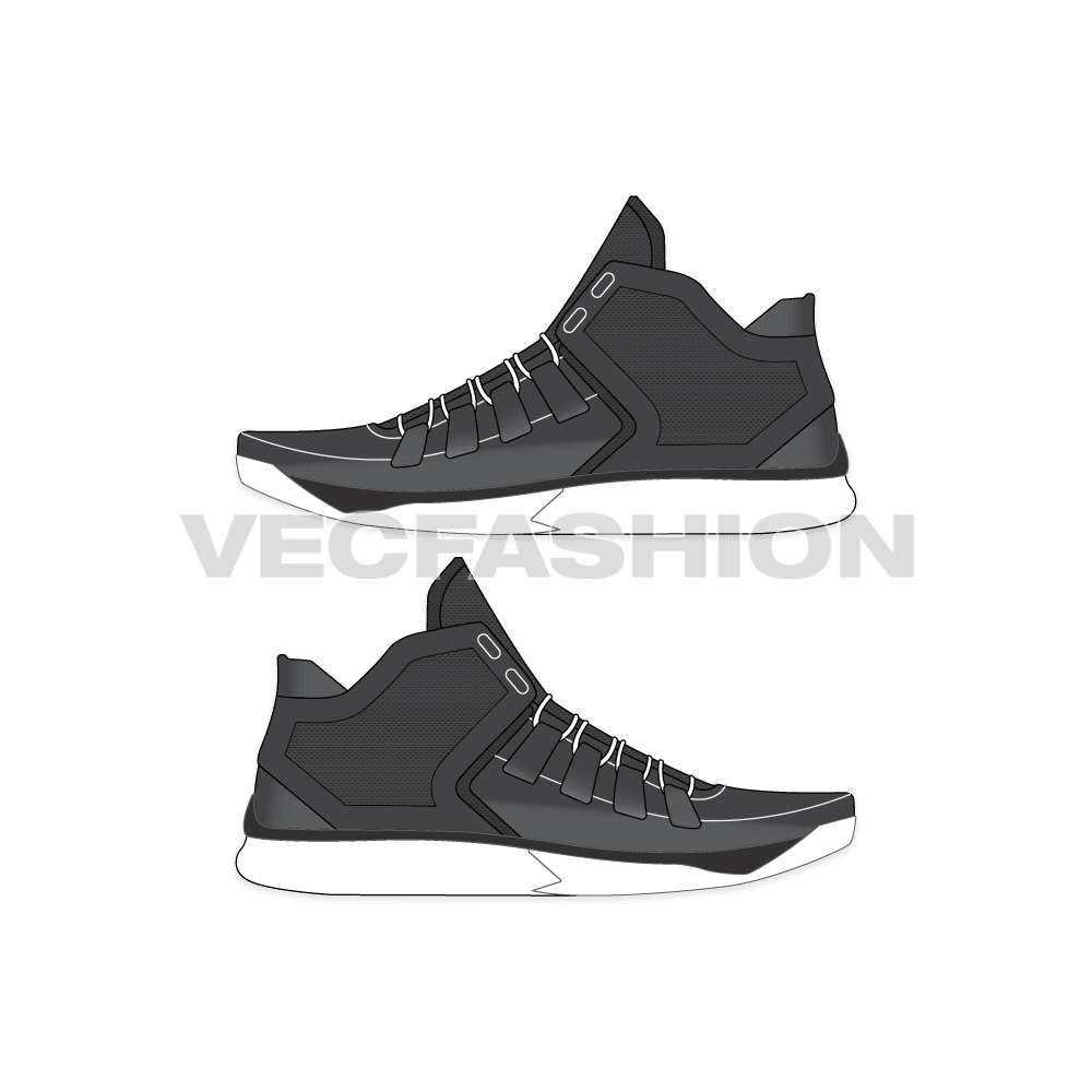 An illustrator fashion cad for Mens Running Sneakers. It has mesh panels on it and have many intricate design details using different tones of gray.