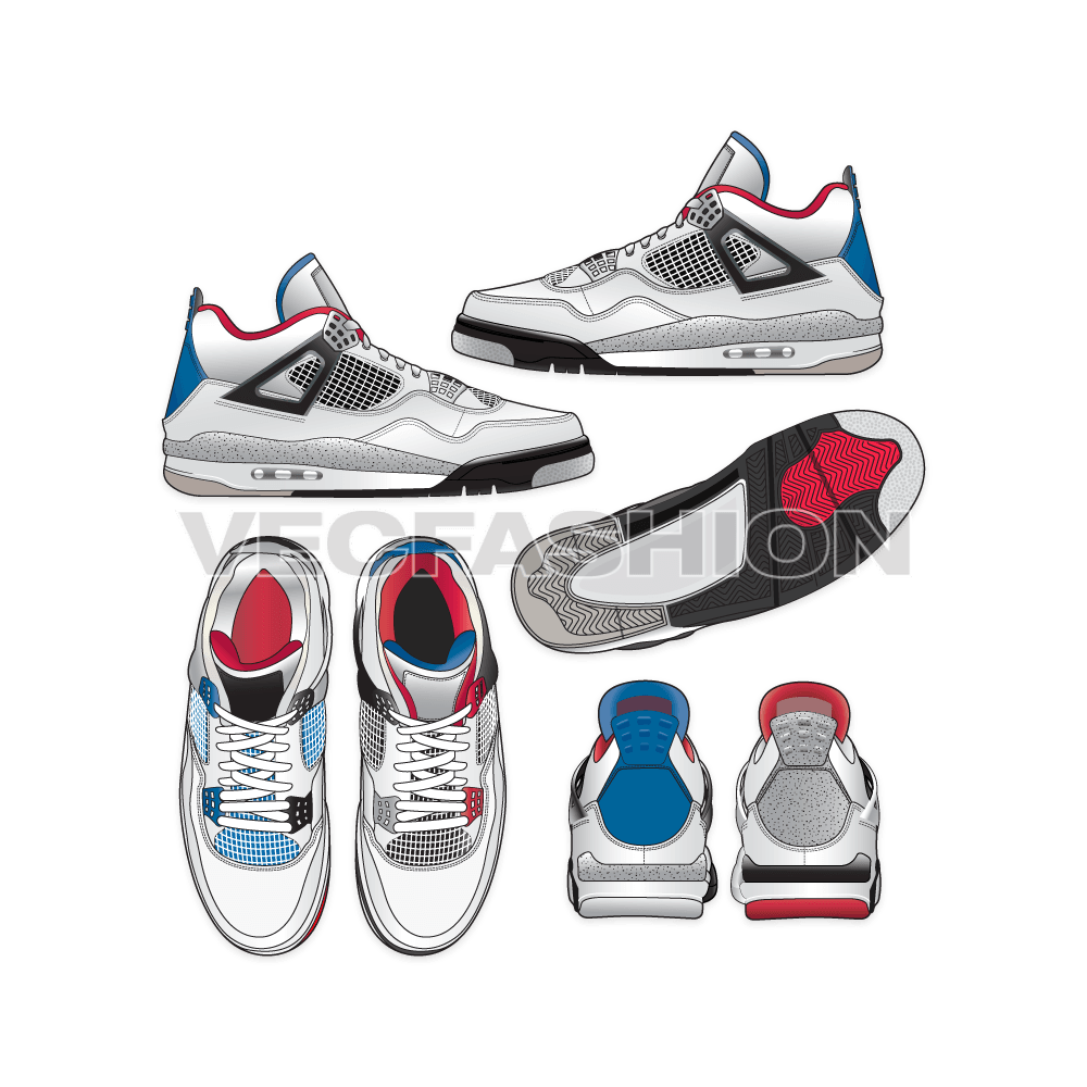 An illustrator fashion cad of Men's Sneakers designed and produced by Nike, Air Jordan 4. This sneakers drawing have many views and showing all design details.