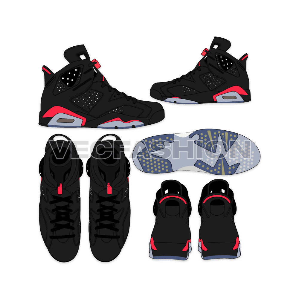 An illustrator fashion cad of Men's Sneakers designed and produced by Nike, Air Jordan 6. This sneakers drawing have many views and showing all design details.