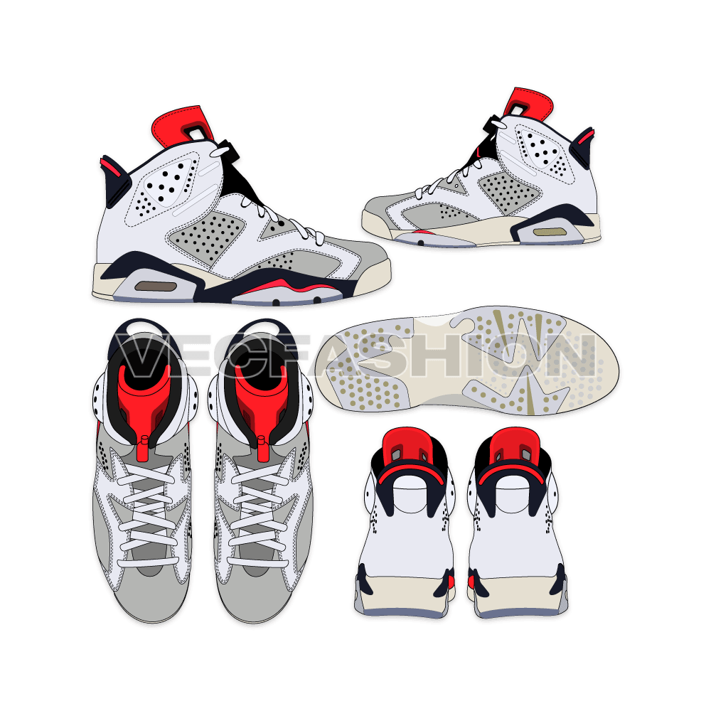 An illustrator fashion cad of Men's Sneakers designed and produced by Nike, Air Jordan 6. This sneakers drawing have many views and showing all design details.