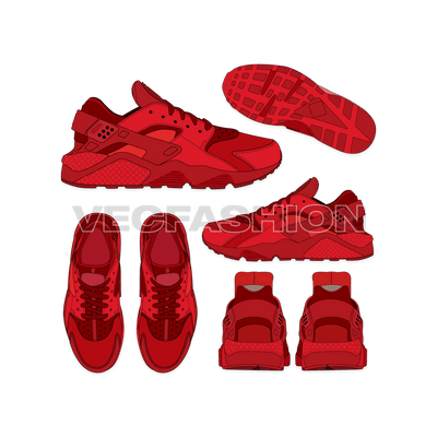 An illustrator fashion cad of Men's Sport Sneakers designed and produced by Nike, Huarache. This sneakers drawing have many views and showing all design details.