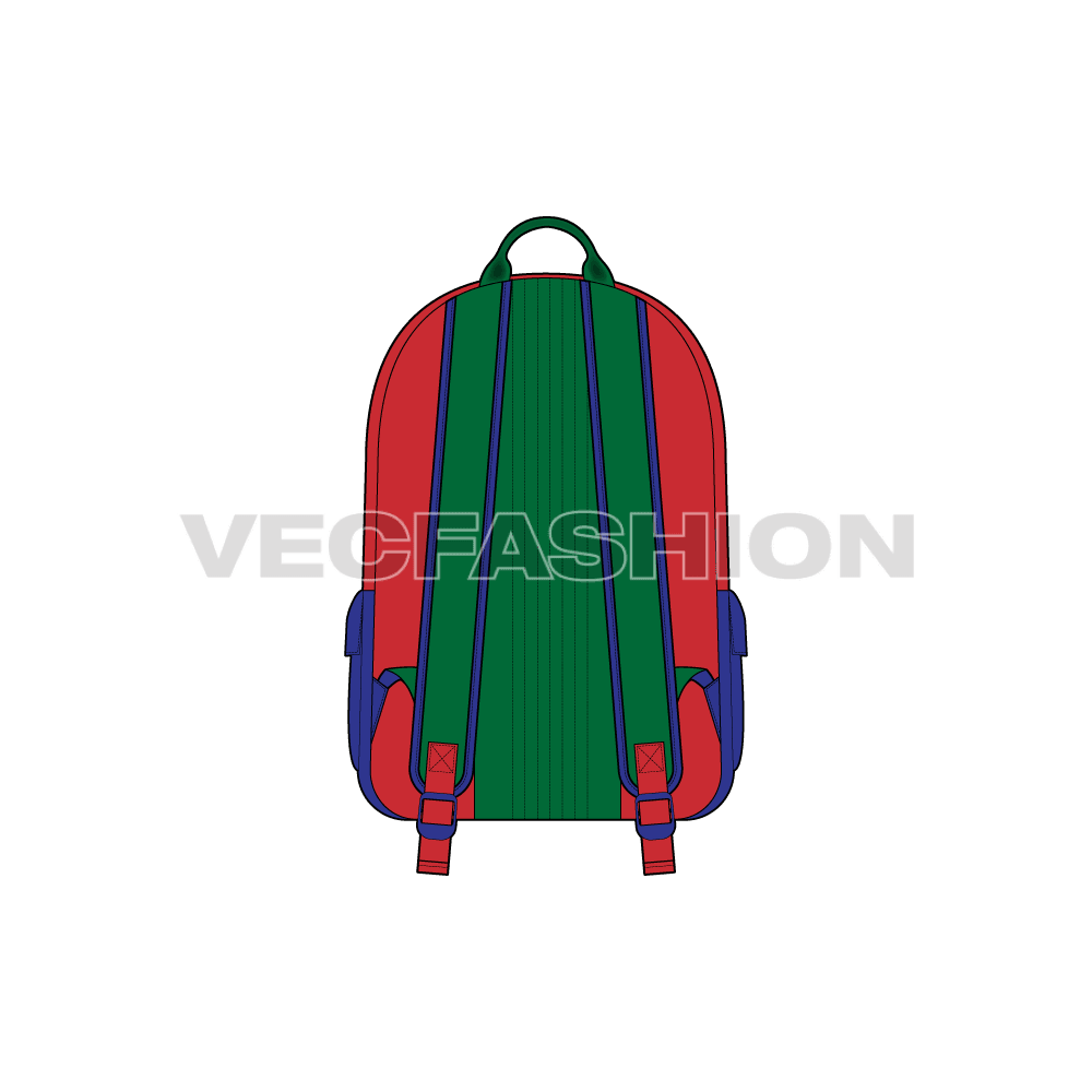 A vector illustrator cad of a Multi Purpose Backpack. It is colored in 3 contrast panels creating color blocked theme and have a big pocket on front and straps at the back.