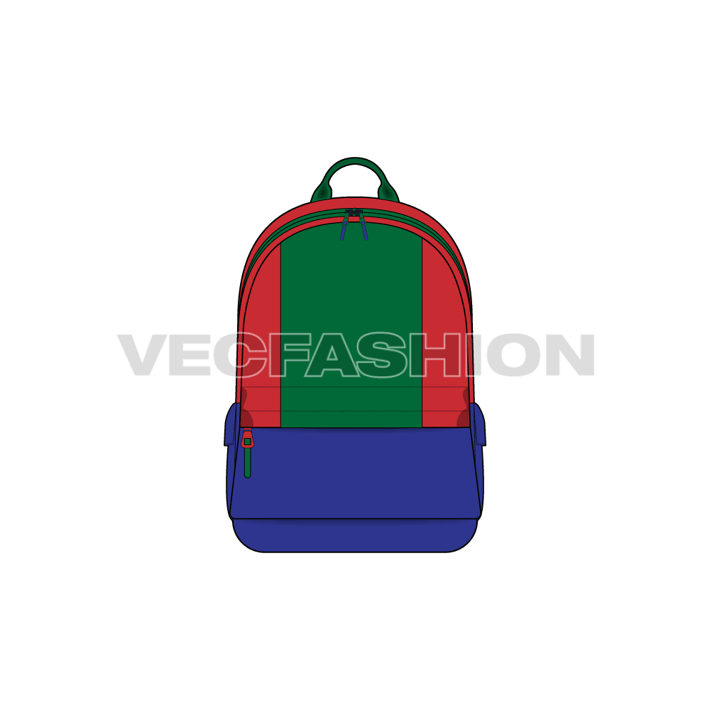 A vector illustrator cad of a Multi Purpose Backpack. It is colored in 3 contrast panels creating color blocked theme and have a big pocket on front and straps at the back.
