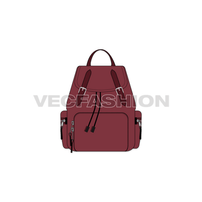 A vector illustrator cad for Multi-purpose Backpack. It has dark color straps and multiple pockets on front and sides.