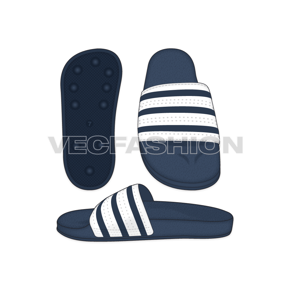 A set of Nautical Striped Casual Slippers created in Adobe Illustrator CS6. It is showing three views Front, Side and Bottom of the sole. Buy it now or contact us get it custom made.