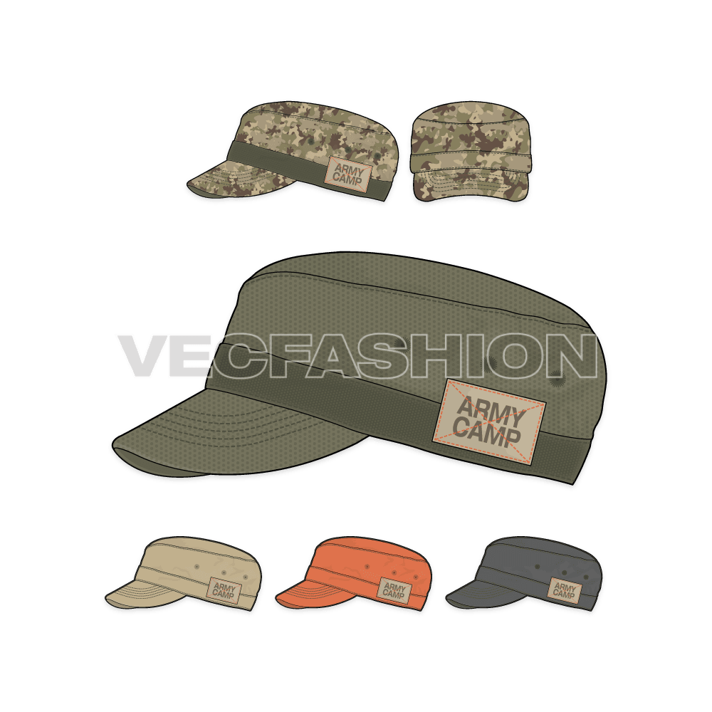 A detailed vector template showing Side View & Front View of an Army Cap in Camouflage Print. This Print is a Repeat Pattern made seamlessly to fill any shapes. This Army Cap has a Solid Colored strap around the crown with a woven label stitched on top.