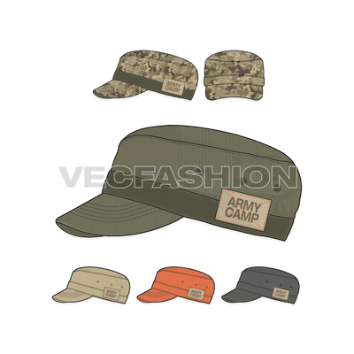A detailed vector template showing Side View & Front View of an Army Cap in Camouflage Print. This Print is a Repeat Pattern made seamlessly to fill any shapes. This Army Cap has a Solid Colored strap around the crown with a woven label stitched on top. 