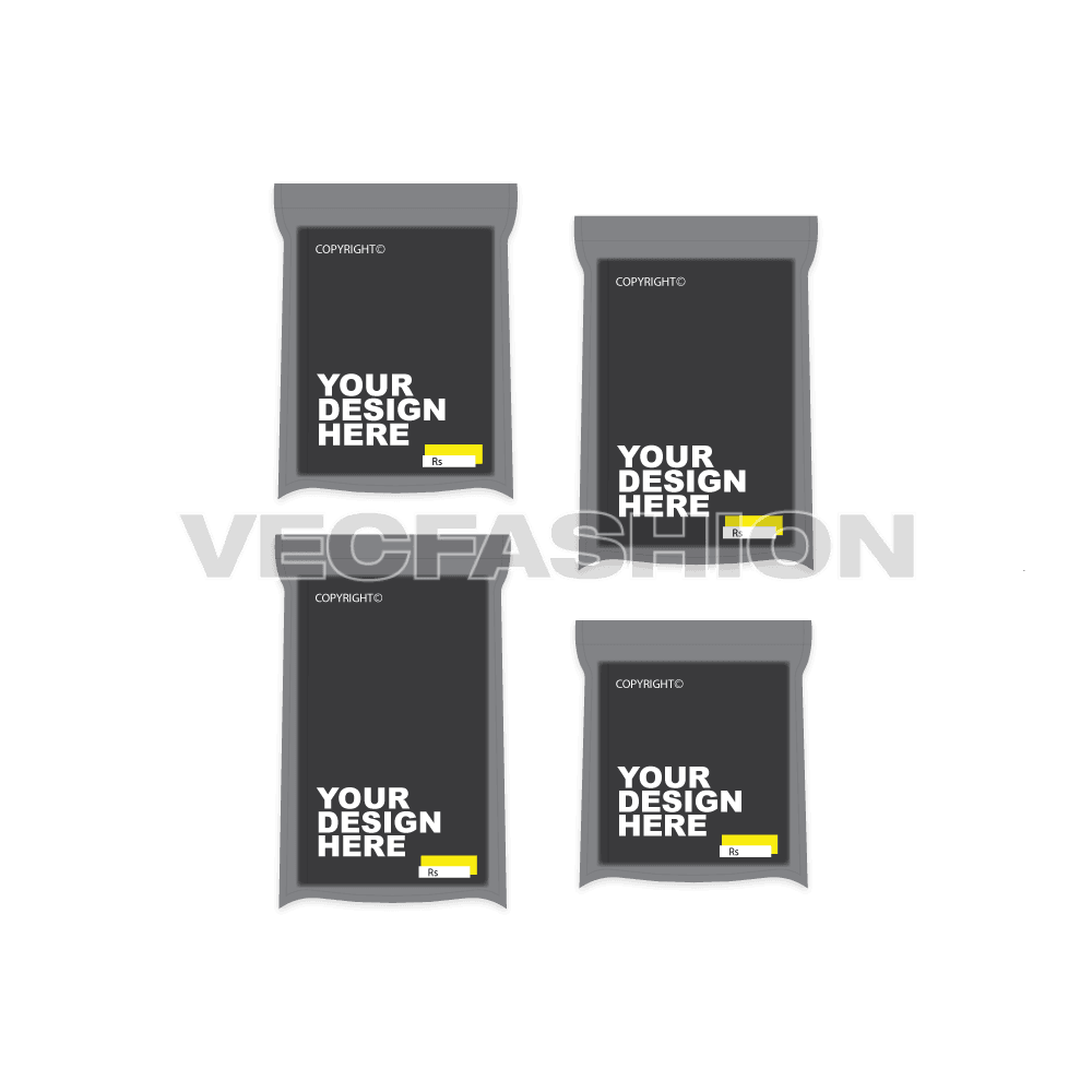 An editable illustrator vector template of Sealed Garment Plastic Poly bags. It has four sizes you can add your logo whatever gives you better look and fulfill your needs.