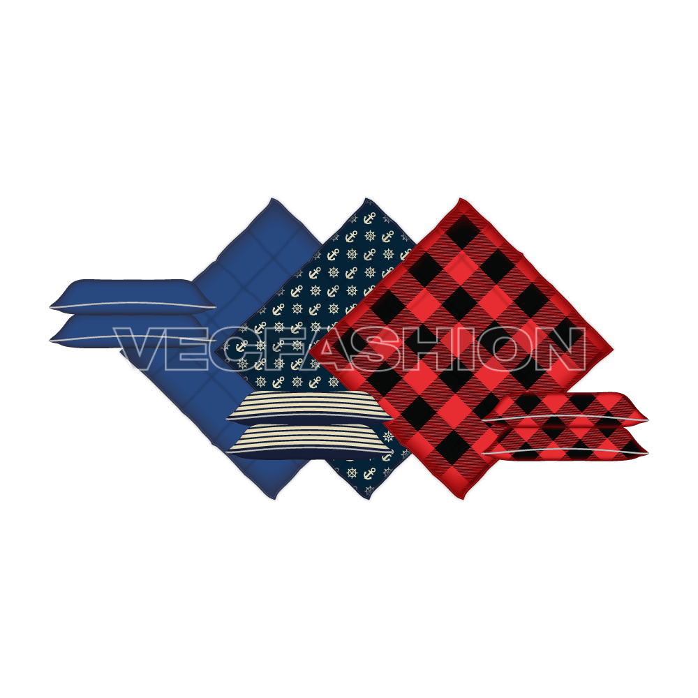 A detailed illustrated vectors of Bed Comforters & Pillow Covers. These products are essential in Home Textiles and need of every Interior Graphic Designer. This Set contains 3 different ideas that includes a Solid Colored Set, An Anchored Nautical Inspired Design and last one is a Repeat Print of Classic Lumberjack Plaid in Red and Black Colour.
