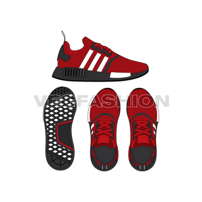An illustrator fashion cad for Sneakers Adidas NMD R1. It is rendered in two colors dark red and black, with few trims in white.