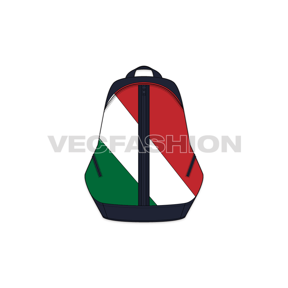 A vector illustrator cad of a Sport Backpack. Its front panel is inspired by the Italian Flag and have navy blue color base on it. There is a lot of space and pockets in it to keep sport equipment and gear in it.