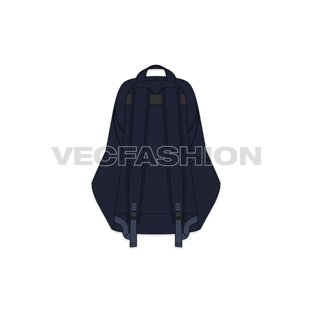 A vector illustrator cad of a Sport Backpack. Its front panel is inspired by the Italian Flag and have navy blue color base on it. There is a lot of space and pockets in it to keep sport equipment and gear in it.